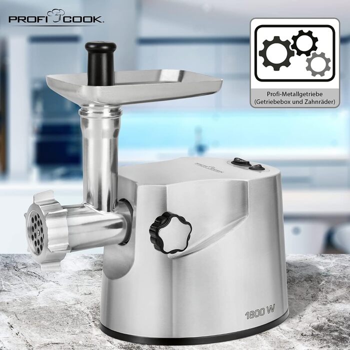 Електрична м'ясорубка Profi Cook PC-FW 1172, 1800 Вт, для м'яса, ковбас та печива, 2 кг/хв, з насадками для ковбас, кеббе та 3 сталевими дисками, нержавіюча сталь, срібляста