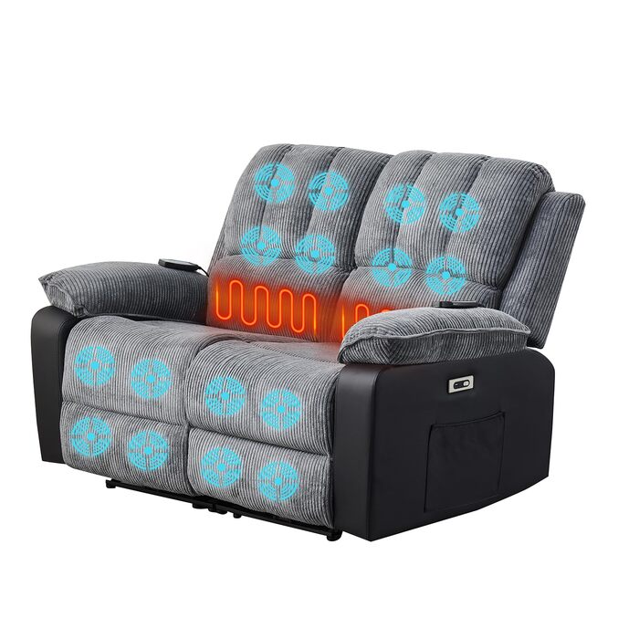 Розкішне багатофункціональне масажне крісло LSLIFE з підігрівом електричного масажного дивана, кріслом для телевізора, шезлонгом, відкидним кріслом, високоякісною шкірою, ергономічним одномісним диваном, заряджається через USB (сіре двоспальне ліжко)