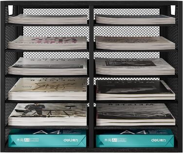 Органайзер для офісного столу EasyPAG з 12 кишеньками, металевий та дерев&39яний, формату А4, тримач для документів, лоток для файлів, тримач для журналів, лоток для листів, органайзер для паперових журналів, чорний, 12 кишень (6x2)