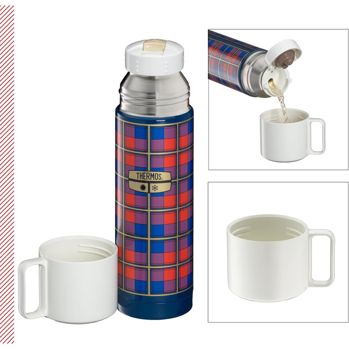 Пляшка для напоїв THERMOS REVIVAL 0,50 л, ретро-синій колір, термос з нержавіючої сталі, червона ізольована пляшка з чашкою для пиття, зберігає напої гарячими 18 годин / холодними 24 години, можна мити в посудомийній машині, герметична, без BPA, синій кол