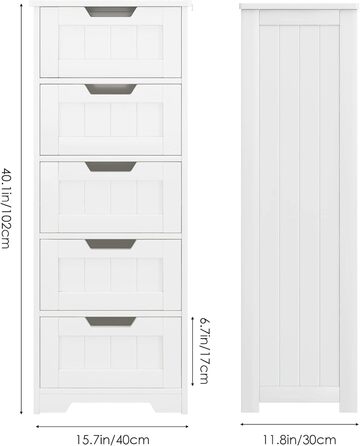 Вузька шафка для ванної кімнати заввишки 102 см, бічна шафка завширшки 40 см з 5 шухлядами, для ванної кімнати, коридору, вітальні, їдальні, 40x30x102 см (ШxГxВ), білий