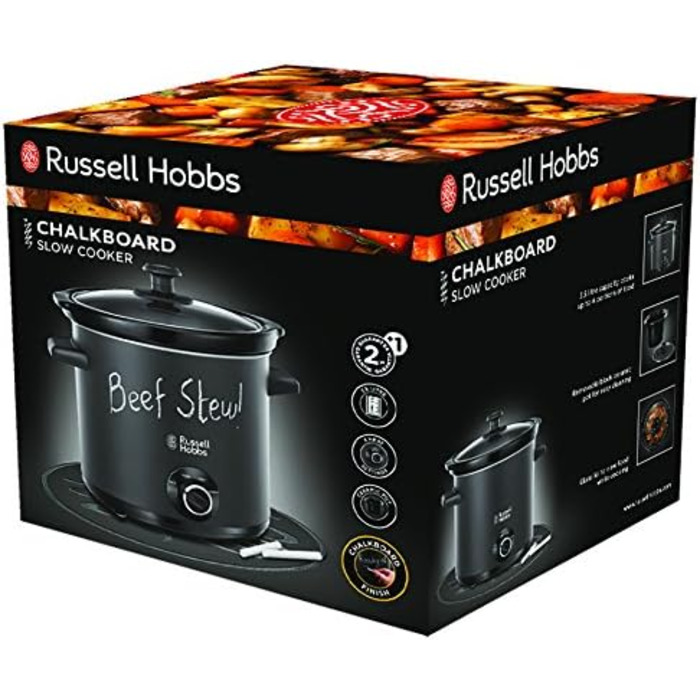 Повільна плита Russell Hobbs важка керамічна каструля 3,5 л для вибору розподілу температури Дошка для повільної плити (поверхня шкільної дошки, 3 налаштування температури та функція підтримки тепла, 200 Вт) Повільна плита 24180-56