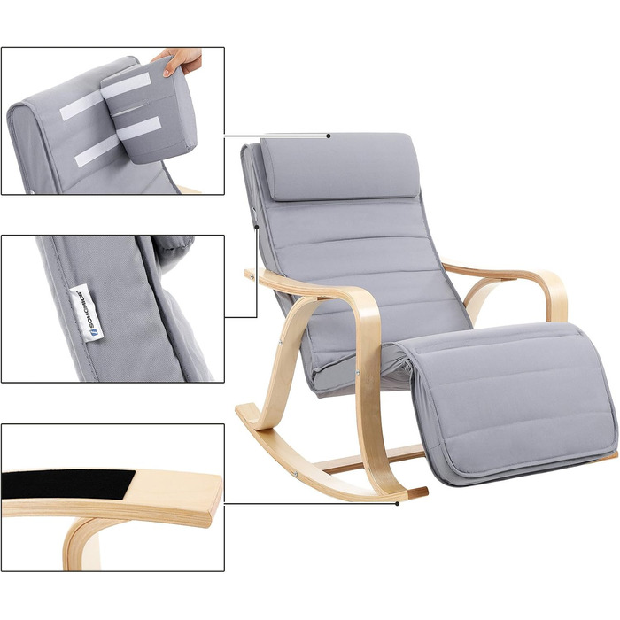 Крісло-гойдалка SONGMICS Birchwood, крісло-гойдалка, регульована підставка для ніг у 5 положеннях, бавовняний чохол, вантажопідйомність до 150 кг, вітальня, спальня, світло-сірий LYY41G, 67 x 125 x 91 см