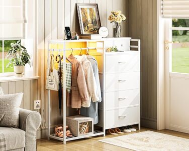 Комод Coleshome з вішалкою для одягу, світлодіодним освітленням та розеткою, двосторонній дизайн з 6 шухлядами, тканинний комод для спальні та вітальні, 110 x 30 x 106 см, білий