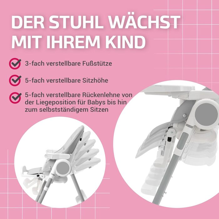 Сулено - стільчик для годування LOVIS, регульована підніжка та піднос, ремені безпеки та протиковзкий обмежувач, функція нахилу, к