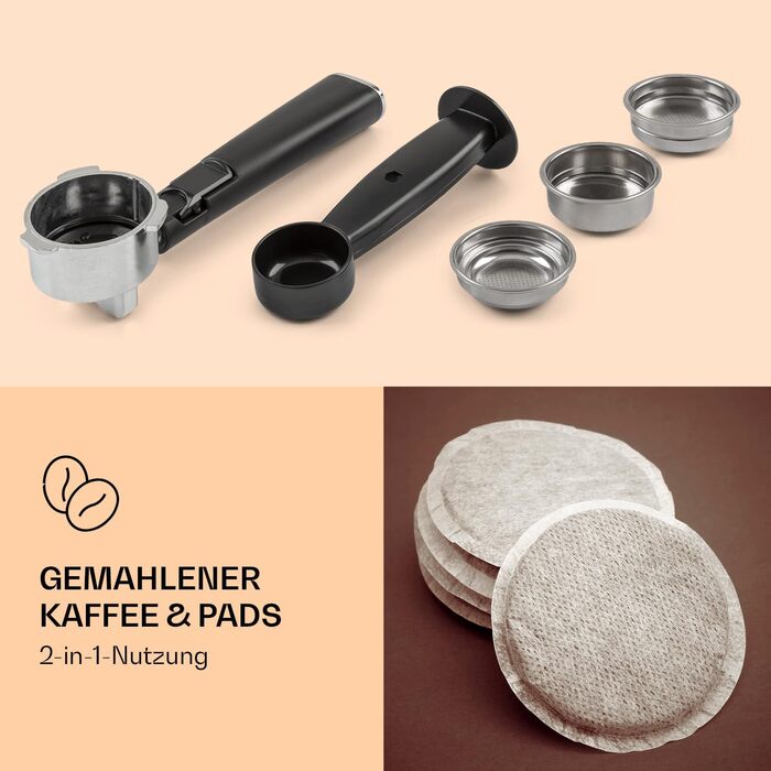 Еспресомашина Klarstein Pausa, портафільтр-машина на 1350 Вт, еспресо-машина 20 бар, кавоварка з портафільтром з резервуаром для води 1,4 літра нержавіюча сталь, срібло