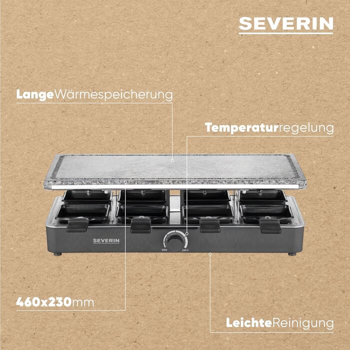 Гриль SEVERIN raclette party з натуральним каменем гриль, раклет з кам'яною пластиною для гриля та 8 сковородами з антипригарним покриттям, настільний гриль на 8 осіб, макс. 1300 Вт, чорний, поворотний регулятор RG 2372 з індикатором