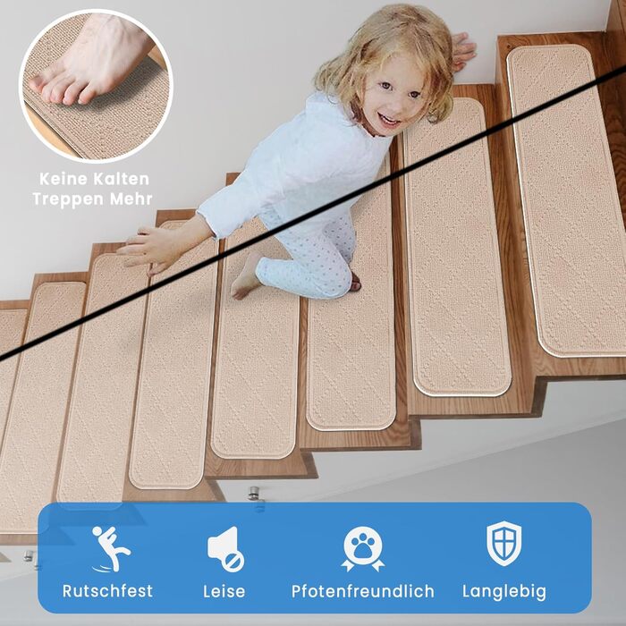 Килимки для сходів 76x20 см, самоклеючі килимки для внутрішніх сходів, 15 шт. , протиковзкі, ріжучі, багаторазові, для захисту домашніх тварин, людей похилого віку та дітей (бежевий)