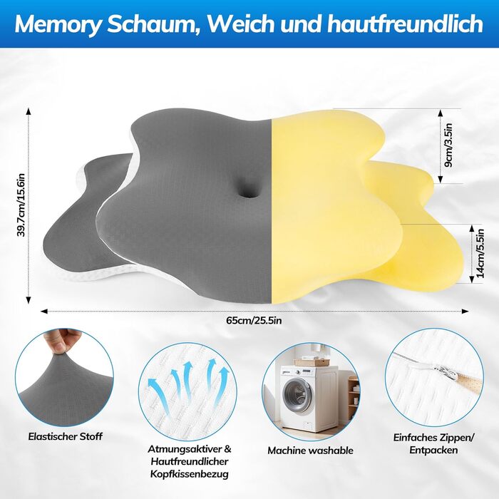 Ортопедична подушка, подушка з піни з ефектом пам&39яті, ергономічна подушка для голови зменшує біль у шиї та головний біль, подушка для підтримки шиї для сну на боці, спині та животі, дихаюча та яку можна прати