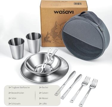 Набір столових приборів для кемпінгу на 2 особи набір кемпінгового посуду зі столовими приборами з нержавіючої сталі, тарілками, мисками та склянками. У комплекті чохол для столових приборів. Портативний набір посуду для активного відпочинку, пікніків та 