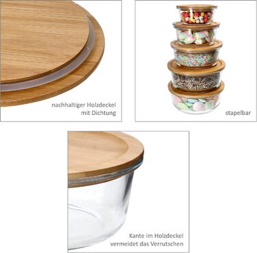 Круглі контейнери для зберігання Ritzenhoff & Breker Esperanza, 5 шт. Скляні банки з дерев&39яними кришками 2 шт. по 1,25 л, по 900 мл, по 620 мл та по 300 мл Кришка з екологічно чистого бамбука зі скляною мискою Контейнер для делікатесів, хлібниця