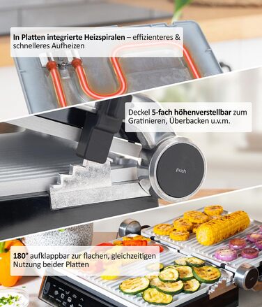 Електрогриль Genius Chef з корпусом із нержавіючої сталі для стейків та сендвічів, знімні панелі, набір 6 предметів, сірий