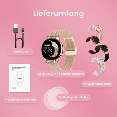 Розумний годинник maoo Ventura для жінок із функцією дзвінків, 1,32-дюймовий AMOLED-дисплей, монітор серцевого ритму, SpO, монітор артеріального тиску, понад 100 спортивних режимів, водонепроникність IP67, 5 ремінців рожевого золота