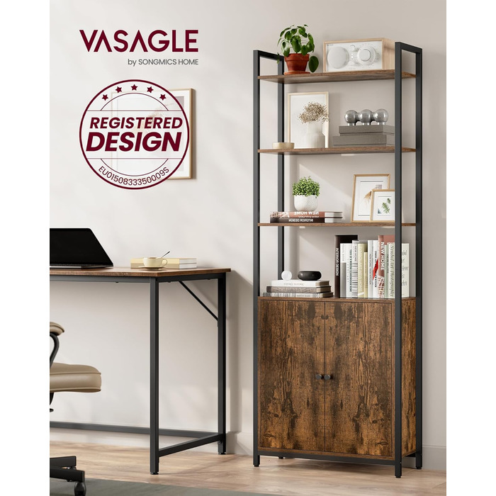Книжкова полиця VASAGLE, 6 ярусів, полиця, окремостояча полиця з дверцятами, металевий каркас, регульовані полиці, 24 x 60 x 159,5 см, для вітальні, спальні, вінтажний коричневий-чорний LLS133K01 60B см Вінтажний коричневий чорнильний