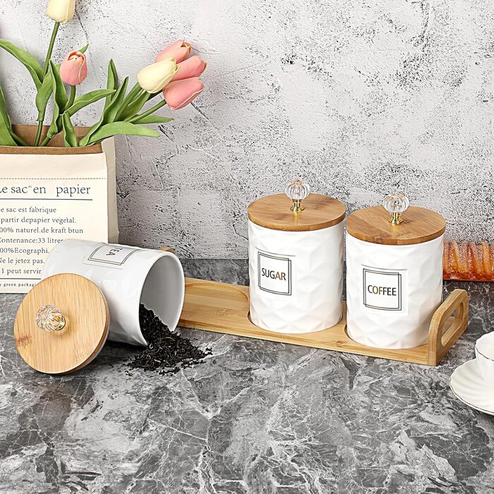 Набір керамічних контейнерів для зберігання, біла керамічна банка з бамбуковою кришкою та підносом, герметичні контейнери для зберігання продуктів на кухонній стільниці, 3 контейнери для цукру, кави, чаю, місткістю 1 літр кожен