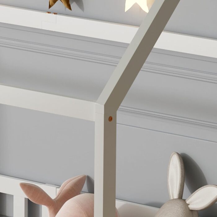 Дитяче ліжко ecomi 80x160 Ліжко на підлозі Дитяче ліжко-ліжко-будиночок із захистом від падіння та рейковою основою для дітей Дитячі ліжка для дівчаток та хлопчиків Масив сосни білого кольору 80x160 Білий