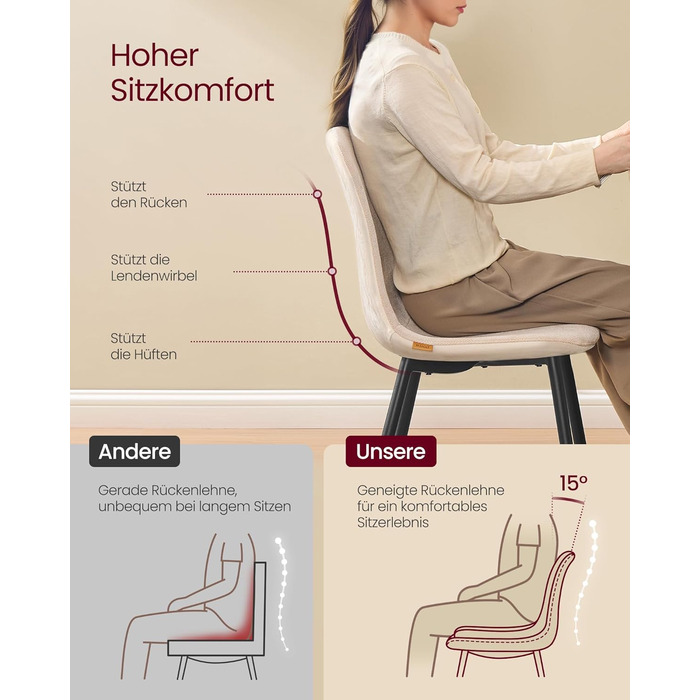 Комплект обідніх стільців з 4 шт. , кухонний стілець, м&39який стілець, металеві ніжки, регульовані ніжки, легкий догляд, тканина шенил, ПУ з візерунком у льодовиковому стилі, кремово-білий KDC188W01 Комплект з 4 шт. кремово-білий