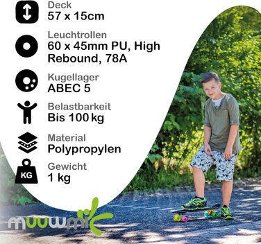 Скейтборд Muuwmi Lights Fun Glow — дека 57×15 см, колеса PU 60×45 мм, підшипники ABEC 5