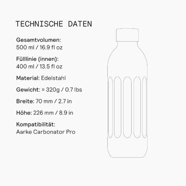 Пляшка для води Aarke To-Go з нержавіючої сталі для негазованих та газованих напоїв, сумісна з Carbonator Pro, з подвійними стінками та вакуумною ізоляцією, герметична та придатна для миття в посудомийній машині, 500 мл