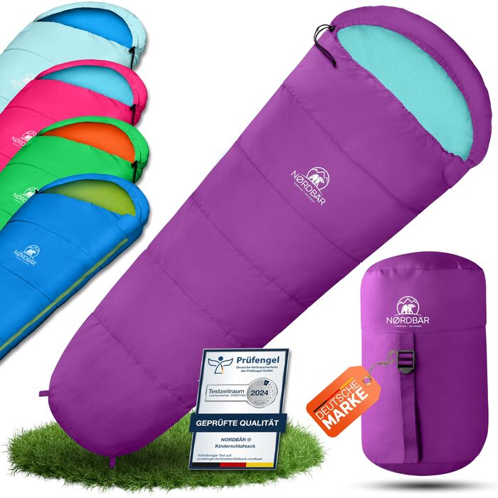 Дитячий спальний мішок для хлопчиків та дівчаток зростом до 145 см Підкладка 100 бавовна Легкий та теплий спальний мішок для мам Дитячий спальний мішок для активного відпочинку 1200 г Дитячі спальні мішки для кемпінгу, фіолетовий/бірюзовий