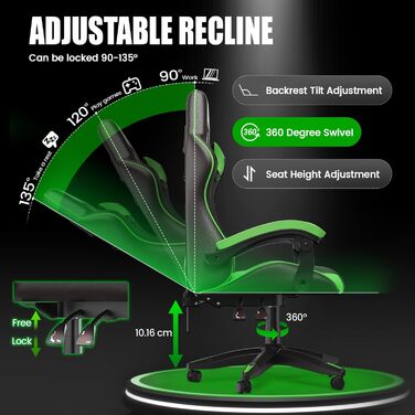 Ергономічне ігрове крісло, ігрове крісло для ПК, регульоване по висоті та нахилу, зі штучної шкіри з м&39яким підголівником, ігрове крісло для дітей, підлітків та дорослих, ігровий офіс (чорно-зелений) чорно-зелений базовий