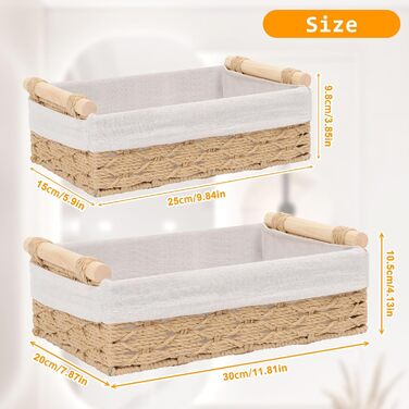 Набір плетених кошиків для зберігання з 2 предметів, плетений кошик ручної роботи в стилі бохо, декоративний кошик з ротанга з ручками та підкладкою, кошик-полиця, кошик для ванної кімнати, органайзер для пеленального столика (бежевий)