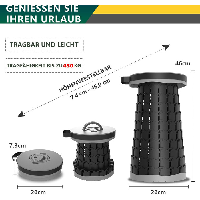 Портативний міні-телескопічний складаний стілець COOLYNX, покращений товстіший складаний стілець, легкий складаний стілець вантажопідйомністю 450 кг, ідеально підходить для кемпінгу, риболовлі, походів, барбекю, сірого кольору