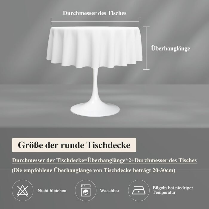 Скатертина кругла 120см, сіра лляна скатертина з поліестеру, що миється, водовідштовхувальна з ефектом лотоса, міцна, стійка до по