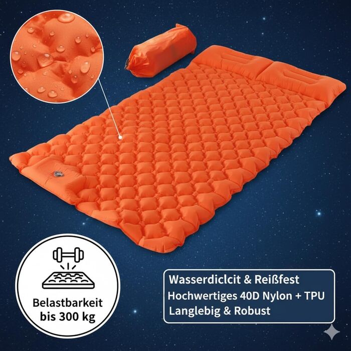 Килимок для сну для 2 осіб, надувний матрац для кемпінгу товщиною 10 см з вбудованим ножним насосом та подушкою, надлегкий килимок для сну 195x130 см, надувний матрац для намету, походів, пляжу та подорожей
