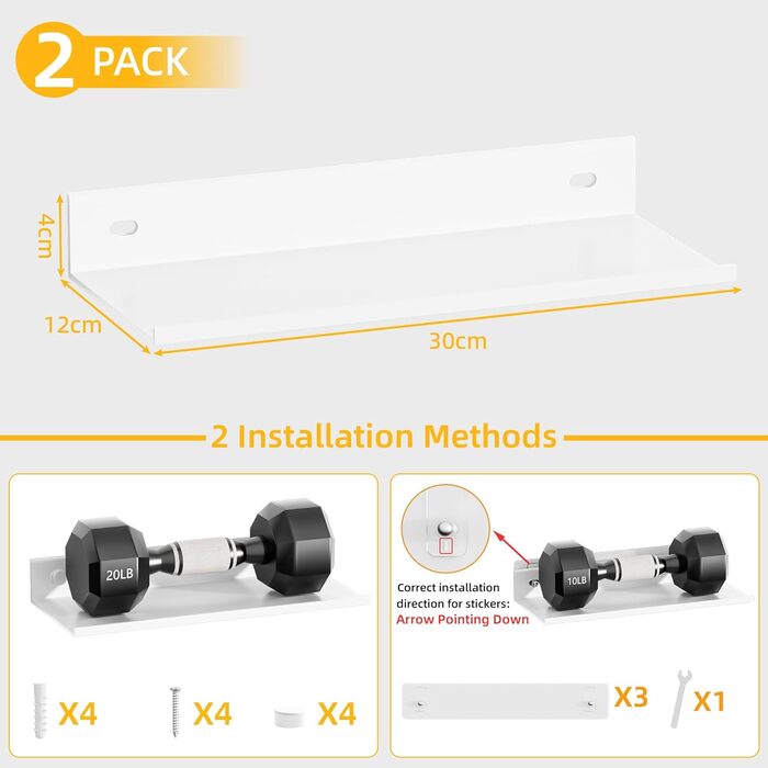 Біла настінна полиця, не потребує свердління, комплект з 2 шт. , сучасна металева плаваюча полиця, настінна полиця для ванної кімнати, декоративна клейка настінна полиця для вітальні, спальні, їдальні, офісу, біла 30 см, 30