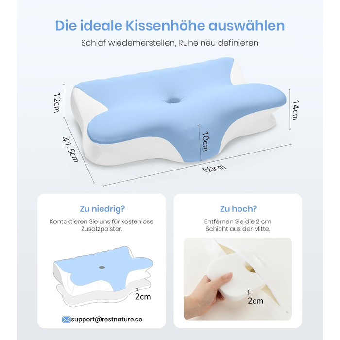 Подушка для шиї, ортопедична подушка з регульованою висотою з піни з ефектом пам&39яті, ергономічна подушка для шиї для сну на боці, спині та животі, подушка для сну на боці, 60x41,5x10/12 см, біло-синій