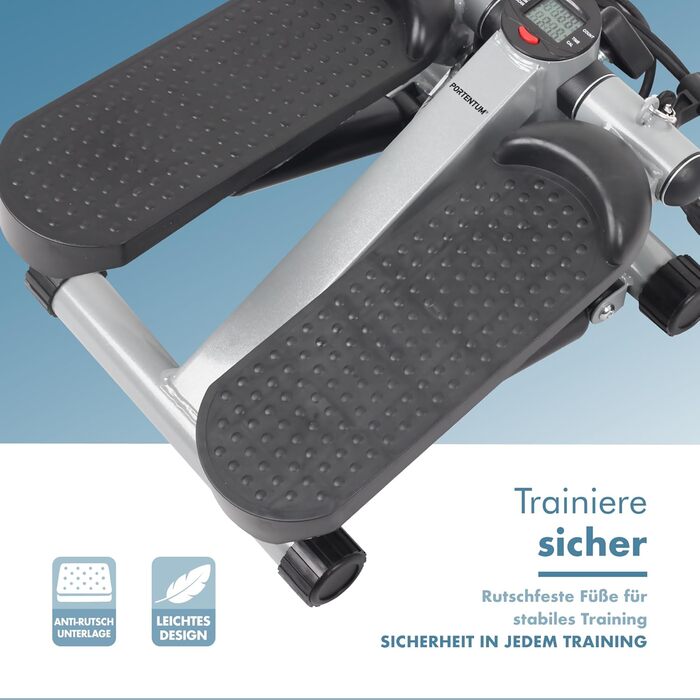 Міні-степер PORTENTUM для домашнього використання з еспандерами та РК-дисплеєм, 5 функцій Stairmaster 3-в-1 для ніг та рук Регульована інтенсивність Фітнес-пристрій для сходів, компактно зберігається