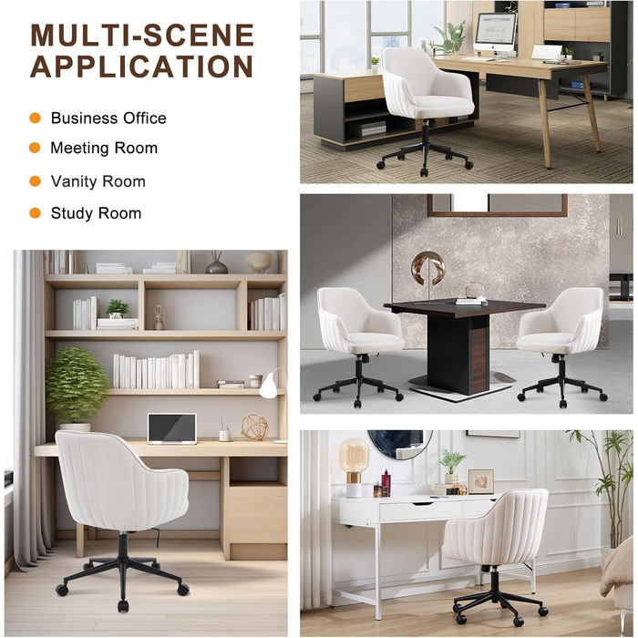 Офісне крісло, для домашнього офісу, оксамитове крісло-туалет, вантажопідйомність до 136 кг, ергономічне, регульоване по висоті обертове крісло, робоче крісло з поворотом на 360, тихі коліщатка, для кабінету, спальні, для домашнього офісу, білий оксамит, 