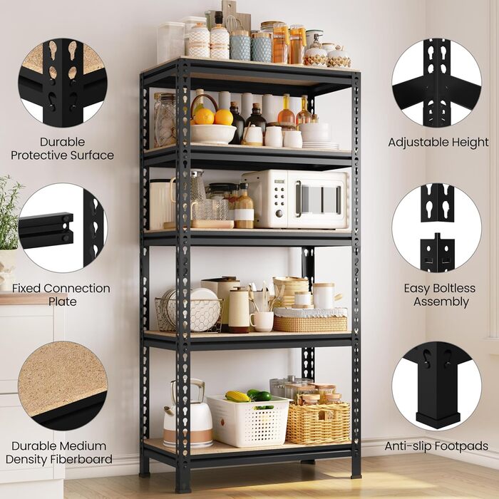 Міцний стелаж Yaheetech з 2 предметів, стелаж для зберігання, 150 x 70 x 30 см, безболтовий стелаж з 5 регульованими полицями, підвальний стелаж, вантажопідйомність 590 кг, стелаж з металевим каркасом, чорний