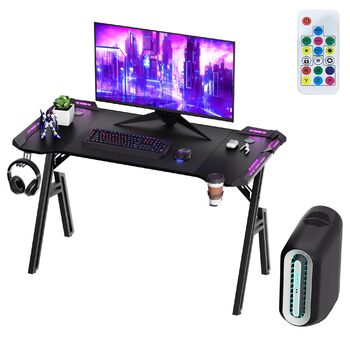 Ігровий стіл зі світлодіодним підсвічуванням, 120 x 60 см, поверхня з карбонового волокна ПК, включає підставку для склянок та гачок для навушників, легке складання, висота 73 см, чорний