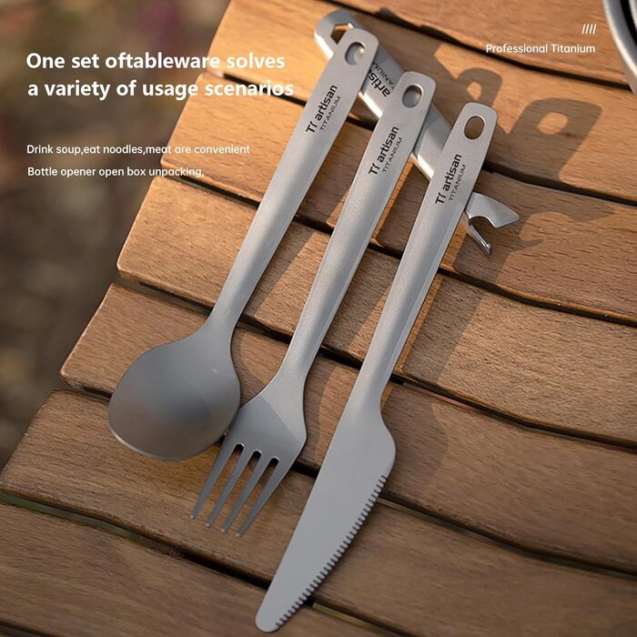 Набір титанових столових приборів ніж, виделка, ложка, відкривачка для пляшок, набір посуду з 4 предметів, легкий набір столових приборів для кемпінгу з футляром для перенесення, подорожей, пікніків, походів