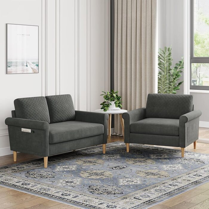 Місний диван Vesgantti, невеликий тканинний диванчик з підлокітниками, міні-диван для вітальні/квартири/офісу, легке складання, 123 x 70 x 88 см, сірий, міні-2-місний, 2-