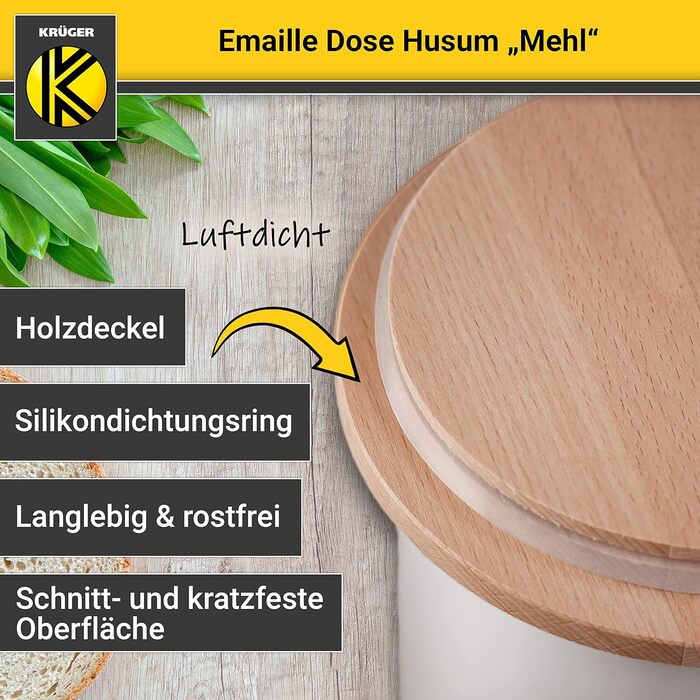 Емальована бляшанка KRGER Husum Flour 1,6 літра - Коробка для зберігання, стійка до порізів та подряпин, з кришкою - Силіконове ущільнювальне кільце для герметичного закриття - Можна мити в посудомийній машині &quotFlour&quot - 1,6 літра