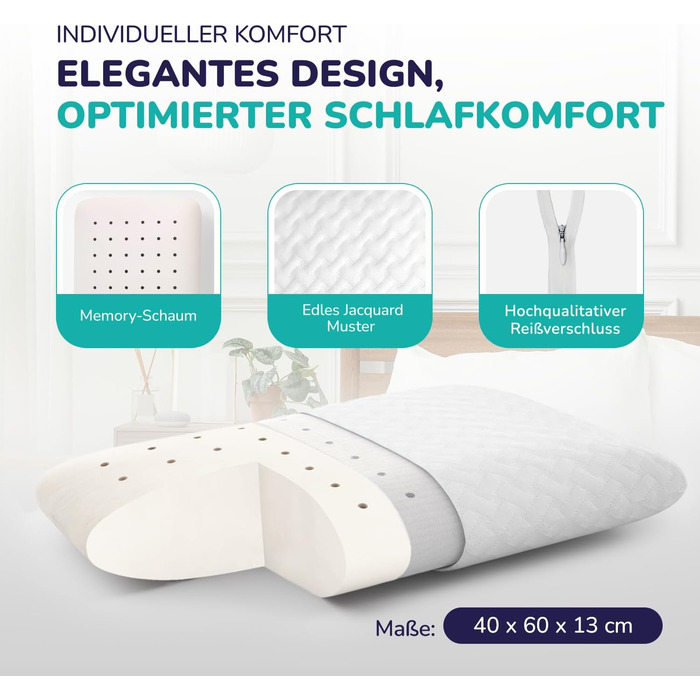 Ортопедична подушка для шиї ZenPur 40x60-13 см Подушка для голови з піни з ефектом пам&39яті - ергономічна подушка для сну для шиї та плечей, сертифікована Oeko-TEX, бежева 40 x 60 x 13 см