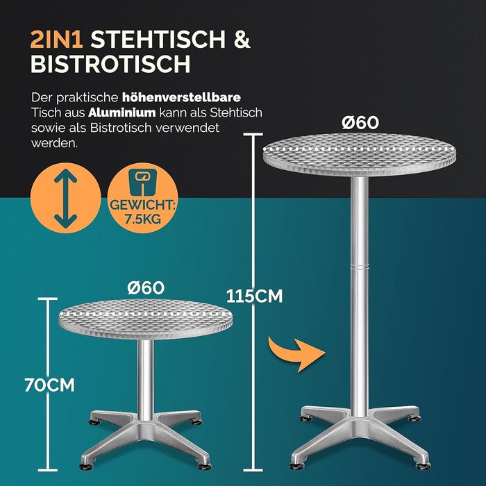 Складаний стіл Casaria 2-в-1, регульована висота 70 см / 115 см заввишки, алюміній, круглий Ø60 см, водонепроникний, садовий бістро-стіл, пивний столик, стіл для вечірки, 1 срібний
