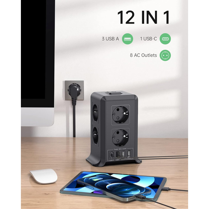 Розетка з вимикачем на кілька розеток, подовжувач Sameriver 8 відсіків з 4 USB, захист від перенапруги з декількома вилками, подов