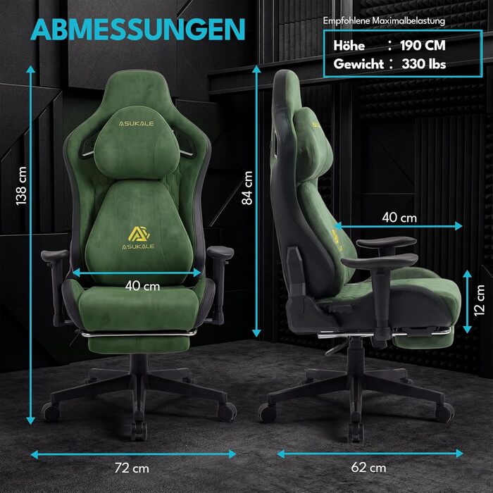 Ігрове крісло, офісне крісло, ергономічне, дихаюче ігрове крісло зі штучної замші, робоче крісло з підставкою для ніг, підголівником та поперековою подушкою, 3D-підлокітники, спинка 90-155, зелене