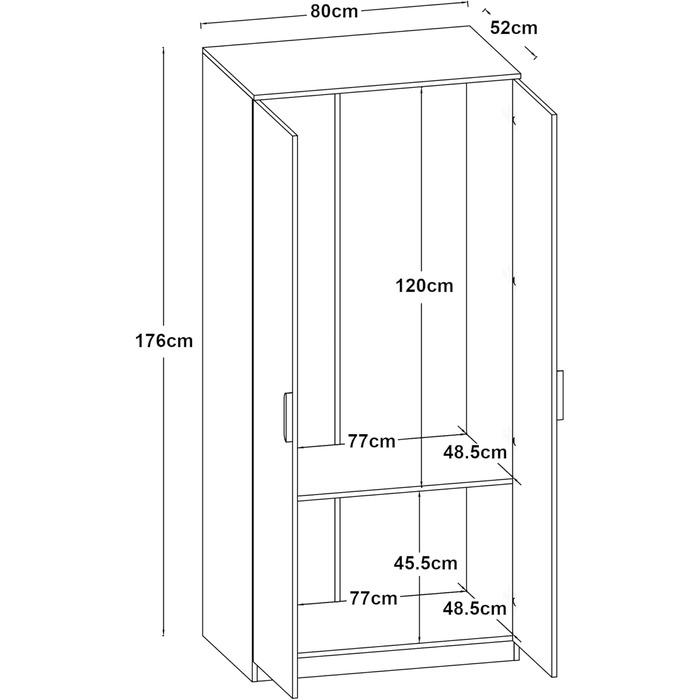 Шафа Eiselfing, 2-дверна шафа, 176 x 80 x 52 см, Шафа для спальні, 1 вішалка для одягу, 1 відділення, Білий, 176 x 80 x 52 см - 1 відділення