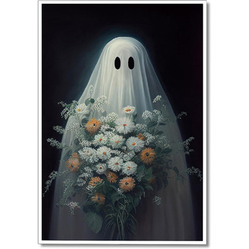 Хелловін привид полотно мистецтво, смішні, милі привиди з квітами плакат, темна академія, моторошна прикраса кімнати, естетичний,