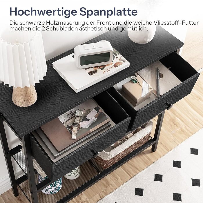 Вузький консольний столик HOOBRO, стіл для передпокою 75 см з шухлядою та 2-ярусними полицями, бічний столик, невеликий вітринний столик, столик-диван, для передпокою, для передпокою, чорний EBB72XG01