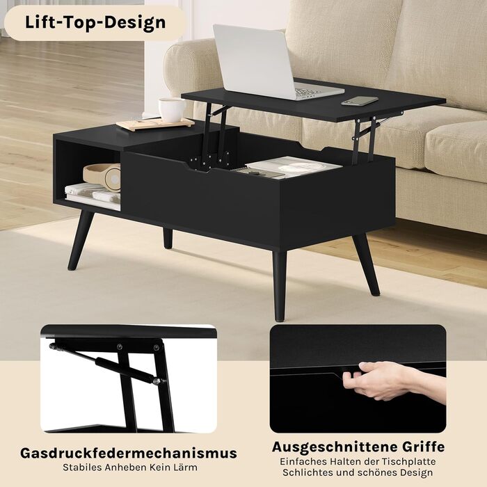 Журнальний столик WOLTU з регульованою висотою, стіл для вітальні з місцем для зберігання, журнальний столик, бічний столик, столик для дивана, 100 x (43-57) x 50 см, чорний, BTS26sz