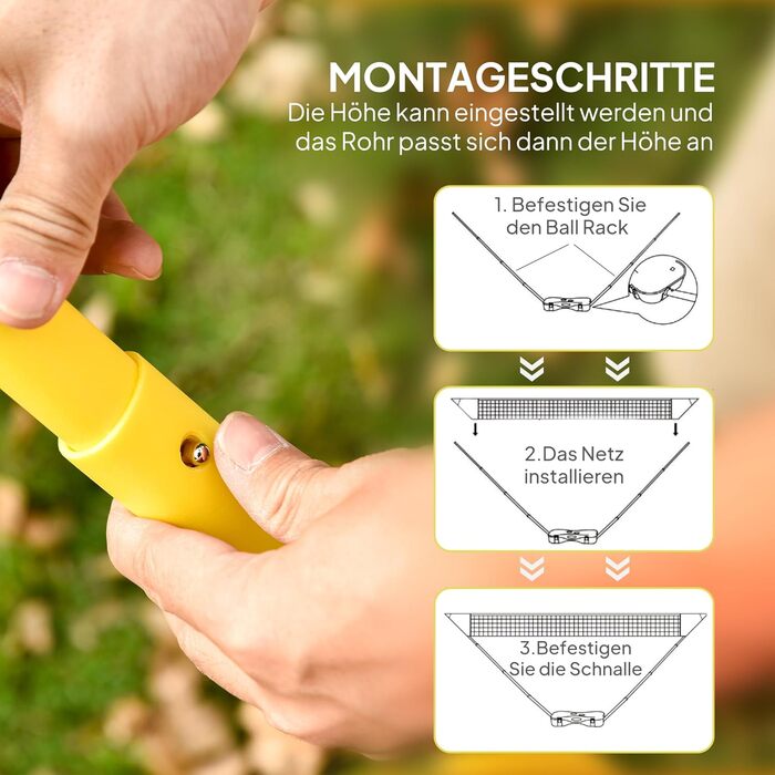 Сітка для бадмінтону HOMCOM з підставкою, підставка для сітки для бадмінтону, портативна підставка для сітки, сітка для бадмінтону з 4 ракетками для бадмінтону, для спорту на свіжому повітрі, жовтийсиній, 286 x 33 x 157 см