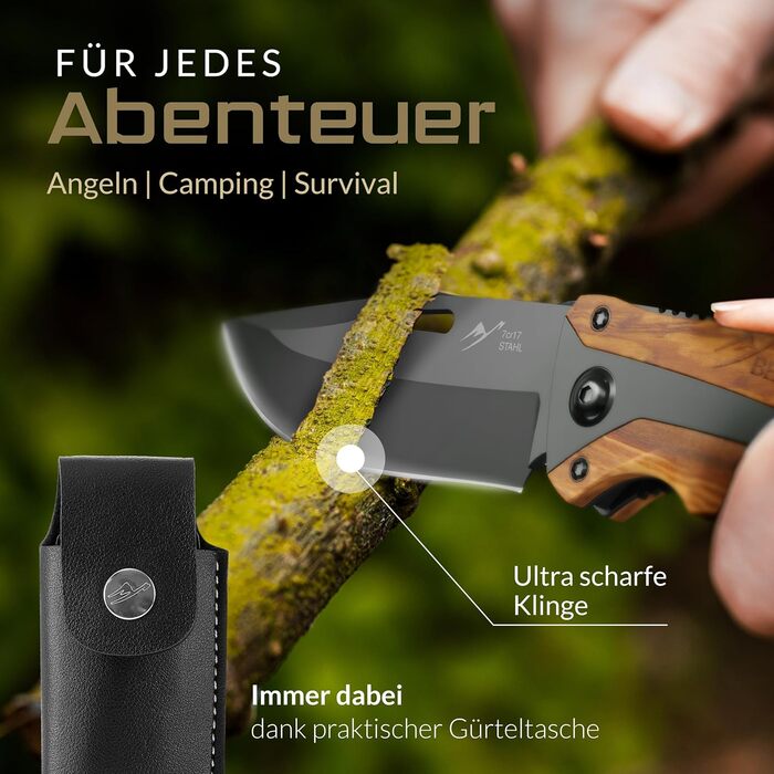 Складаний ніж (дворучний) - Дозволено носіння в Німеччині - Кишеньковий ніж 3-в-1 для відпочинку на природі, кемпінгу та виживання