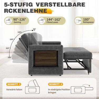 Диван YOUDENOVA з функцією сну, Розкладний диван з 5-позиційною регульованою спинкою, Диван-ліжко зі столиком та бічною кишенею, 2-місний диван-ліжко 177x135 см, Вельветово-сірий