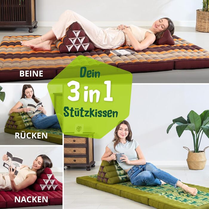 Подушка для спини livasia з тайського шовку - 32x55x30 см - трикутна подушка для саду та балкону, клиноподібна подушка з капоком, ручної роботи, подушка для медитації (зелений/слоновий шовк)